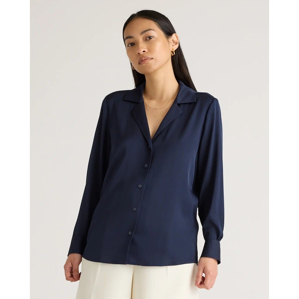 Quince Washable Stretch Silk Notch Collar Blouse Navy Blue